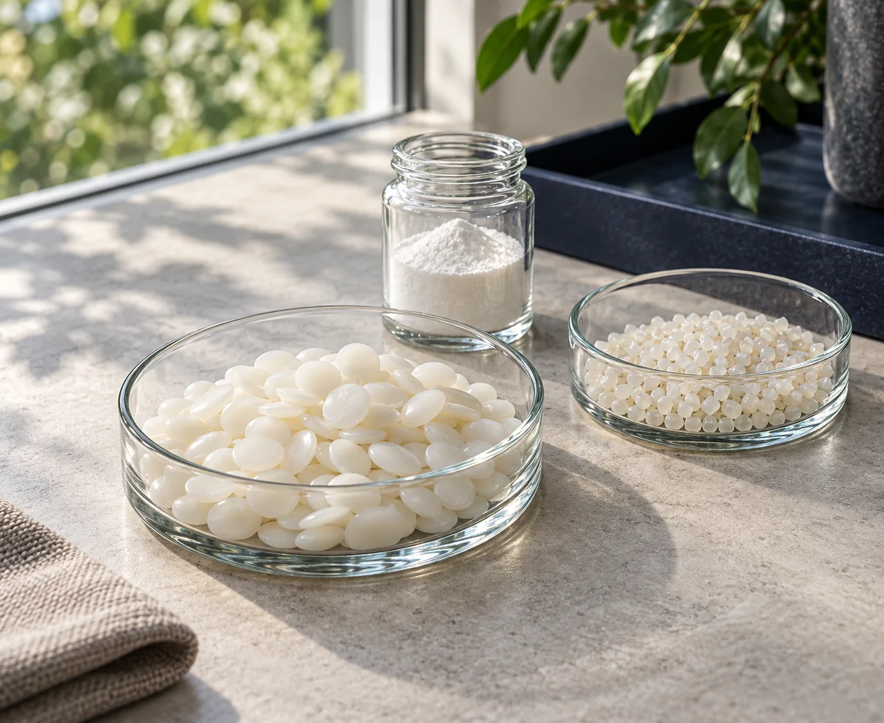 Polymer pellets and powder in glass dishes on a sunlit windowsill